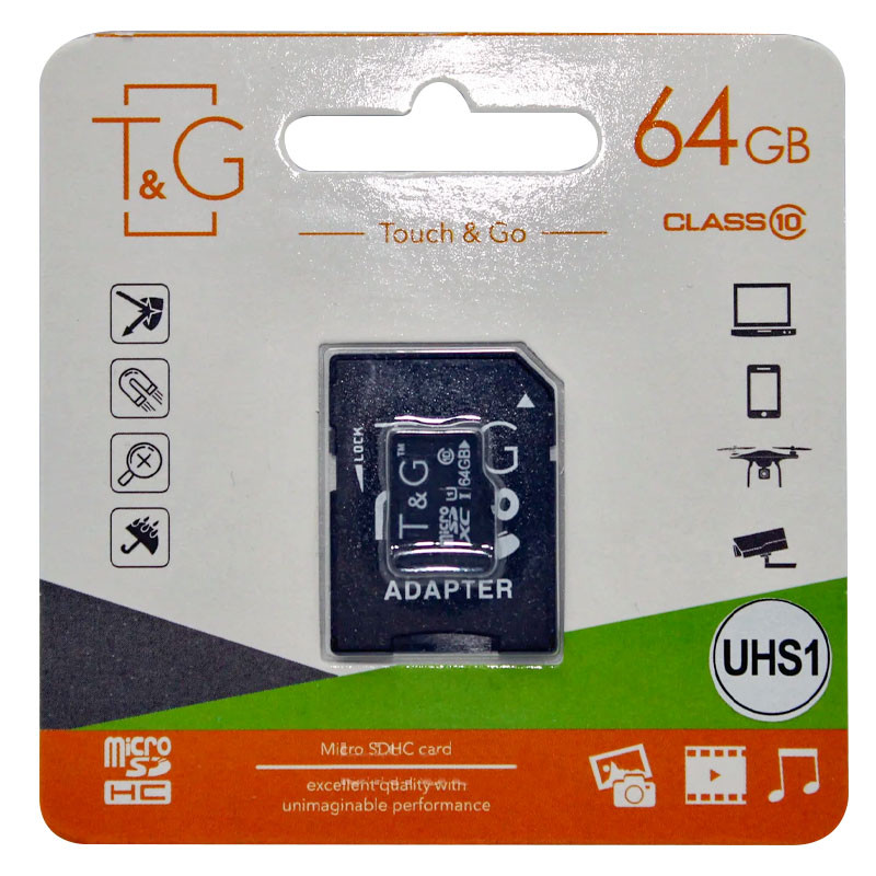 

Карта пам'яті T&G microSDXC (UHS-1) 64 GB class 10 (з адаптером) (Чорний) 1086407