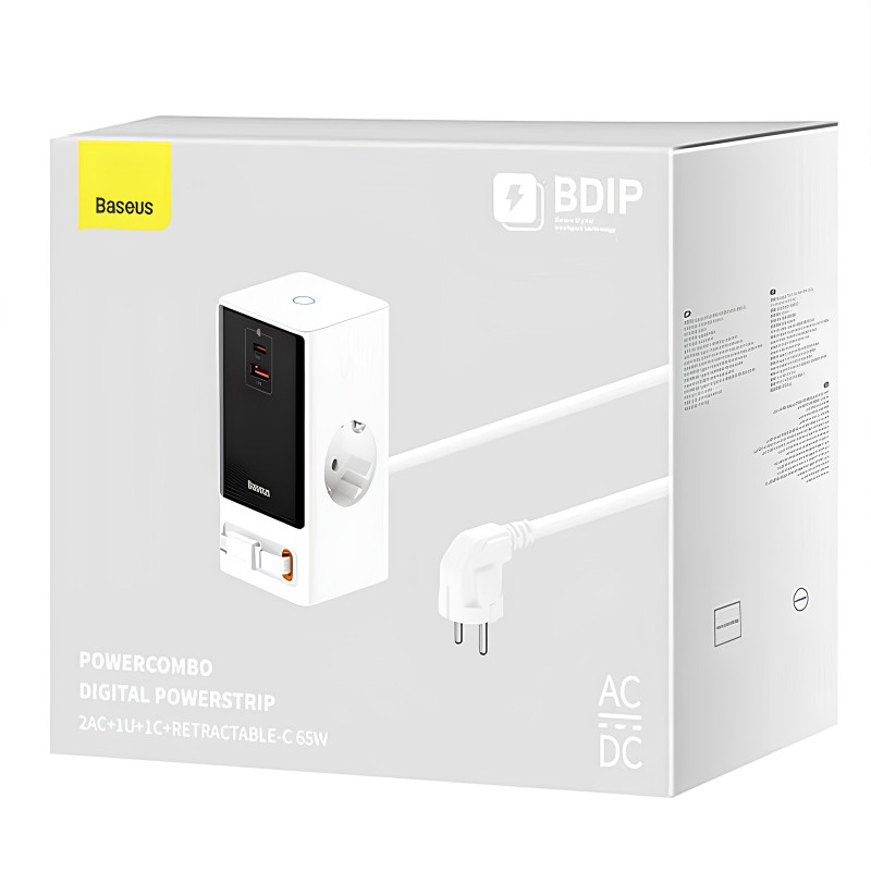 Купить СЗУ Baseus OS PowerCombo Digital PowerStrip+Retractable-C 65W (1USB-A/1C/2Socket) (1.5m) (PSLR000) (Glacier White) на vchehle.ua