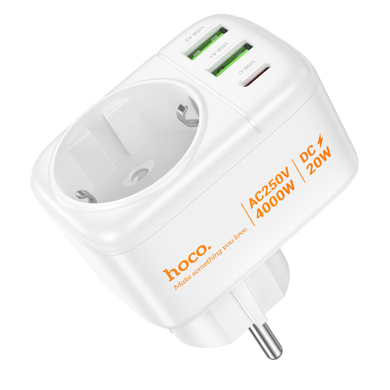 Купить СЗУ Hoco AC26 Changer Outlet Extender 20W (2USB-A/1C/1Socket) (White) на vchehle.ua