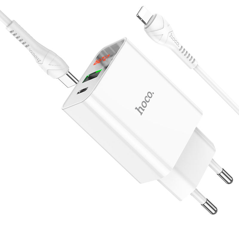 Купить СЗУ Hoco C100A with digital display PD20W+QC3.0 (1USB-A/1C) + кабель Type-C to Lightning (White) на vchehle.ua