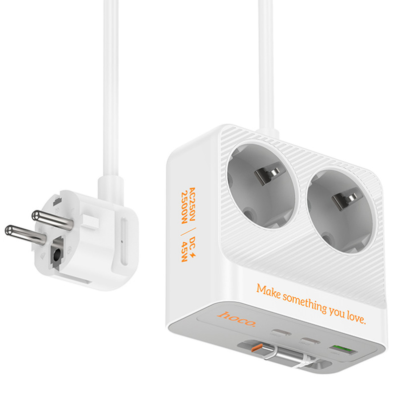 Фото Удлинитель Hoco AC28 Descanso (PD45W/1C/3A/2xSocket) (2m) (White) на vchehle.ua