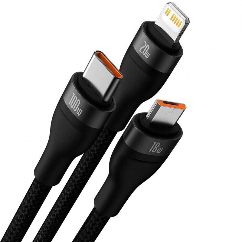 Фото Дата кабель Baseus Flash Series 2 USB to MicroUSB-Lightning-Type-C 100W (1.2m) (CASS03000) (Black) на vchehle.ua