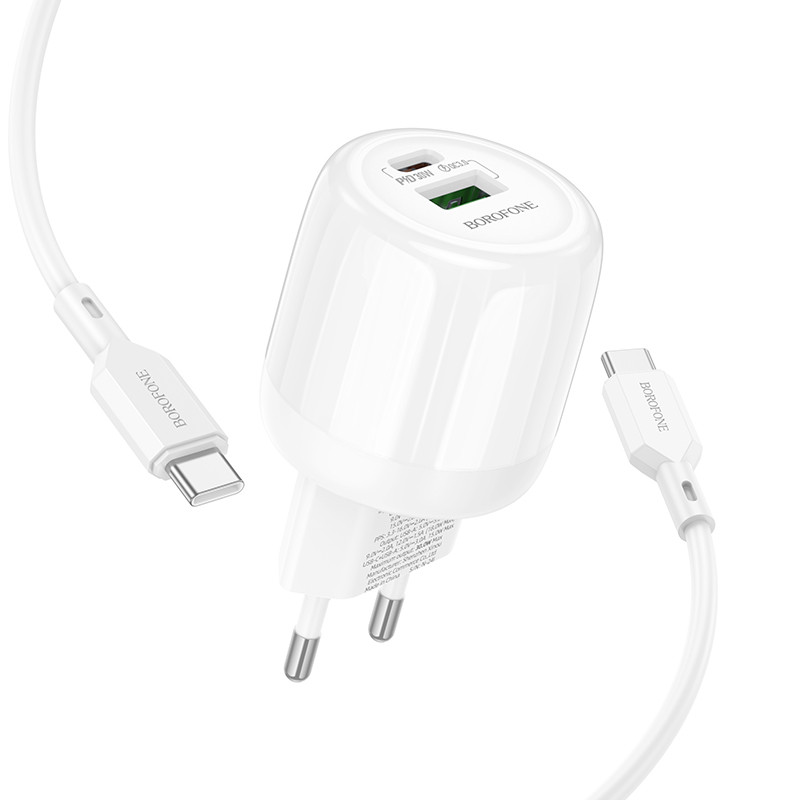 Фото МЗП Borofone BA94A Lustrous PD30W+QC3.0 (1USB-A/1C) + кабель Type-C to Type-C (White) в маназині vchehle.ua