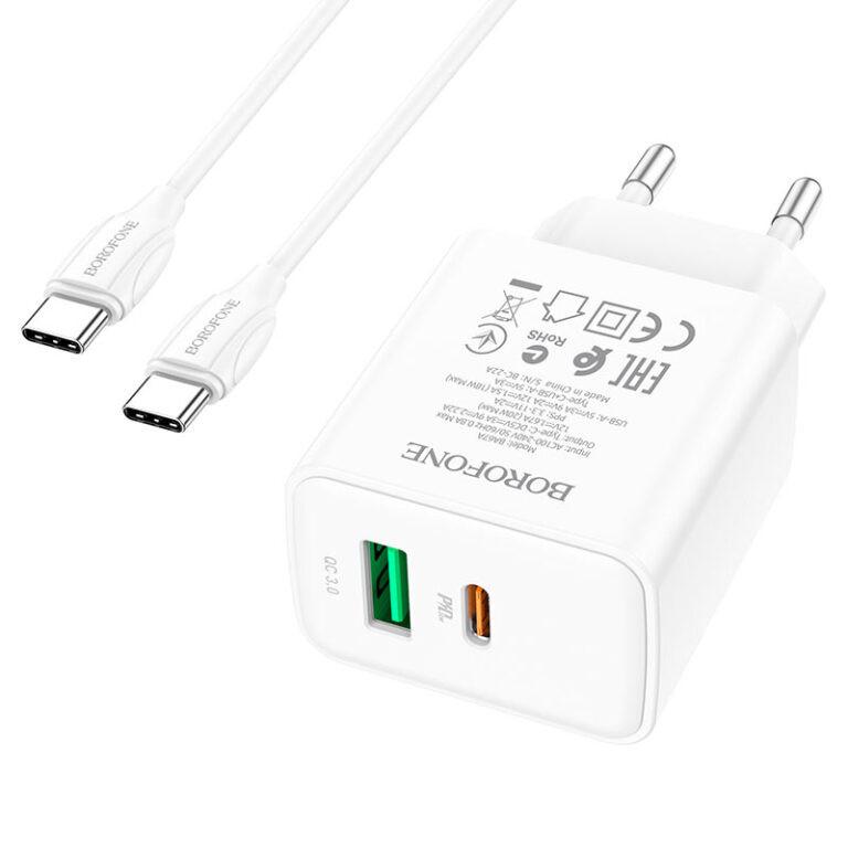 Фото СЗУ Borofone BA67A PD20W+QC3.0 (1USB-A/1C) + кабель Type-C to Type-C (Белый) в магазине vchehle.ua