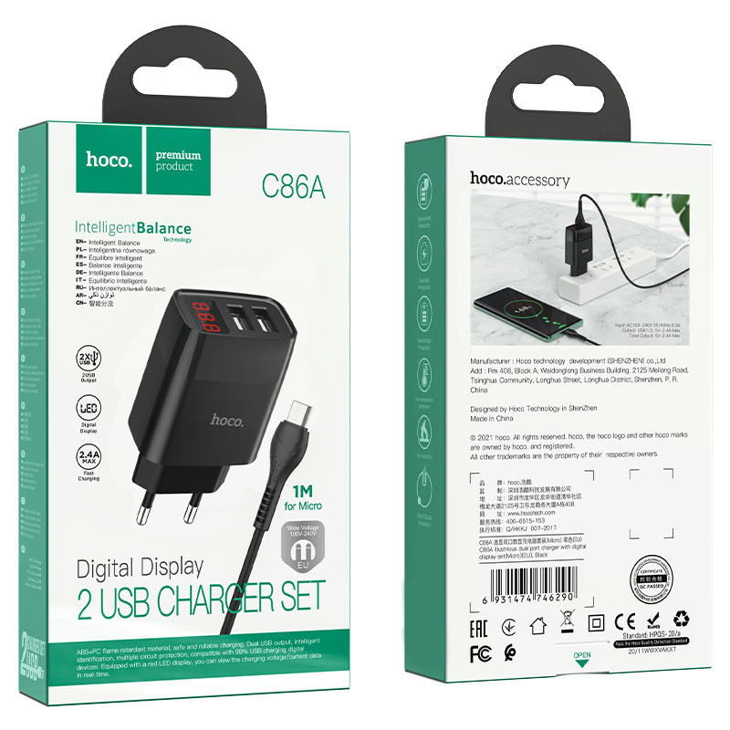 Фото СЗУ Hoco C86A Balance 2.4A (2USB-A) + кабель USB to MicroUSB (Черный) в магазине vchehle.ua