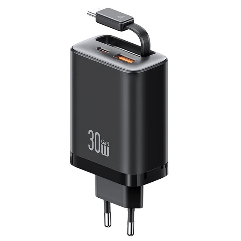 СЗУ Usams US-CC296 GaN With Retractable Type-C Cable Xiang Ser. 30W (1USB-A/1C) (Black)