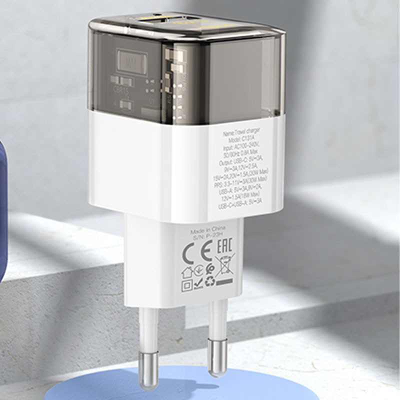 Фото СЗУ Hoco C131A Platium PD30W+QC3.0 (1USB-A/1C) + кабель Type-C to Lightning (Transparent black) на vchehle.ua
