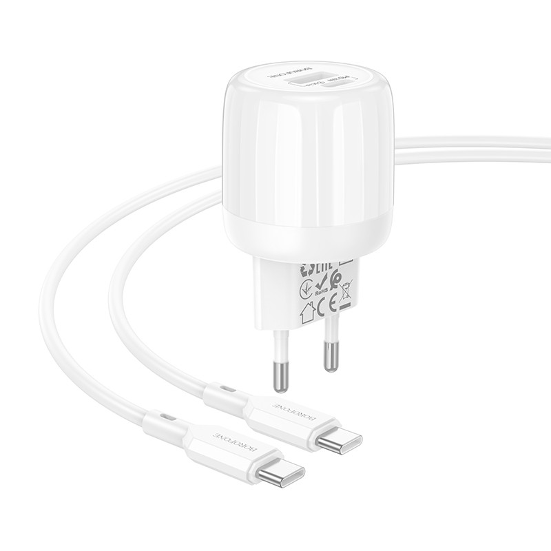 Фото МЗП Borofone BA93A Lustrous PD20W+QC3.0 (1USB-A/1C) + кабель Type-C to Type-C (White) на vchehle.ua