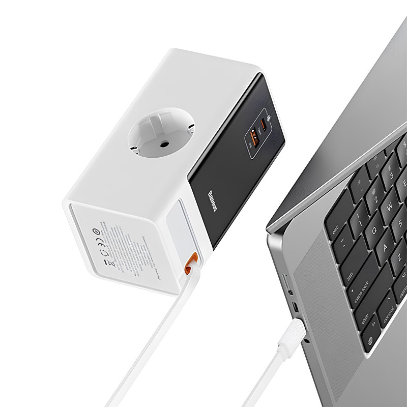 СЗУ Baseus OS PowerCombo Digital PowerStrip+Retractable-C 65W (1USB-A/1C/2Socket) (1.5m) (PSLR000) (Glacier White) в магазине vchehle.ua