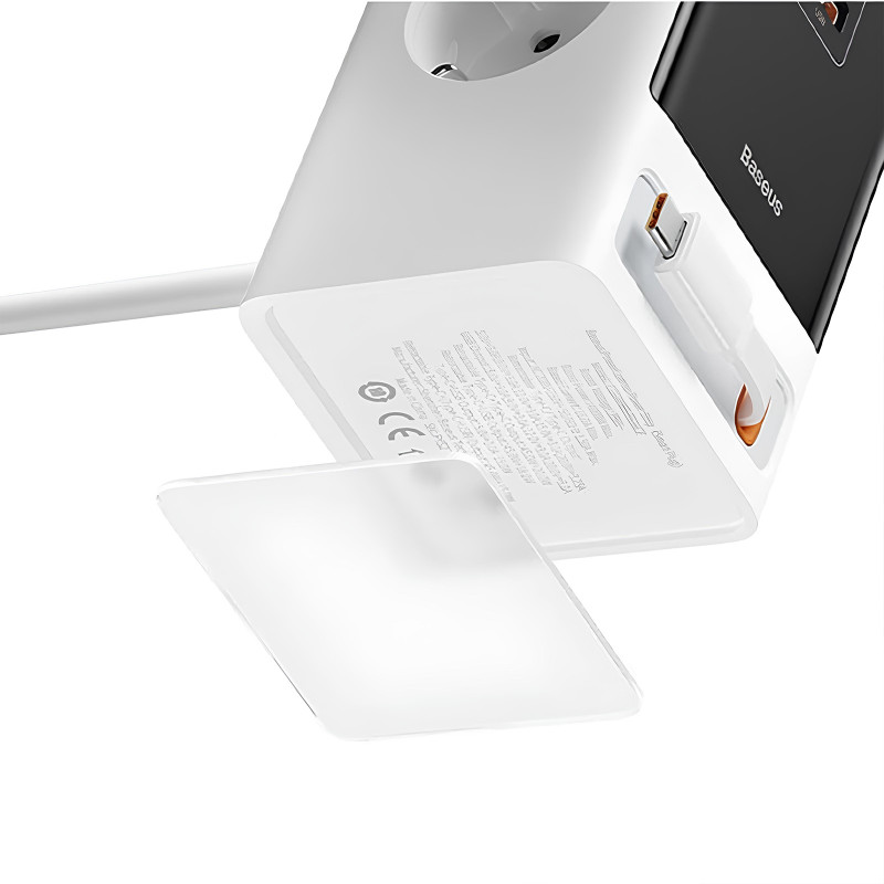 Фото СЗУ Baseus OS PowerCombo Digital PowerStrip+Retractable-C 65W (1USB-A/1C/2Socket) (1.5m) (PSLR000) (Glacier White) в магазине vchehle.ua