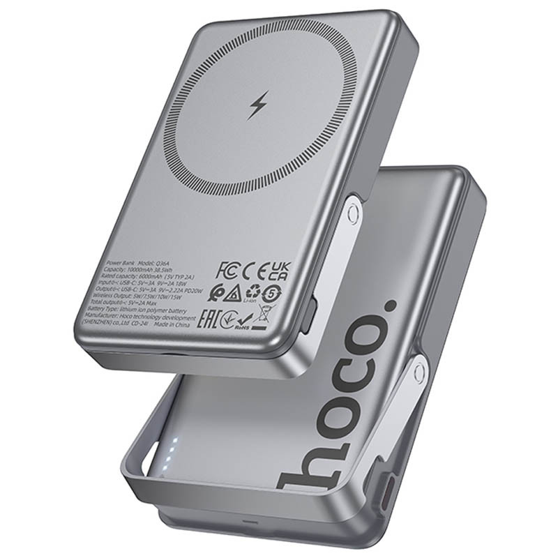 Портативное ЗУ Power Bank Hoco Q36A Sunlight magnetic suction+holder PD20W с БЗУ 10000 mAh (Metal grey)
