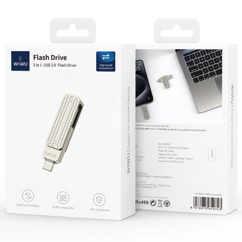 Замовити Флеш-накопичувач Wiwu Wi-FD001 3in1 (USB-A/C/L) USB 3.0 — 32GB (Silver) на vchehle.ua