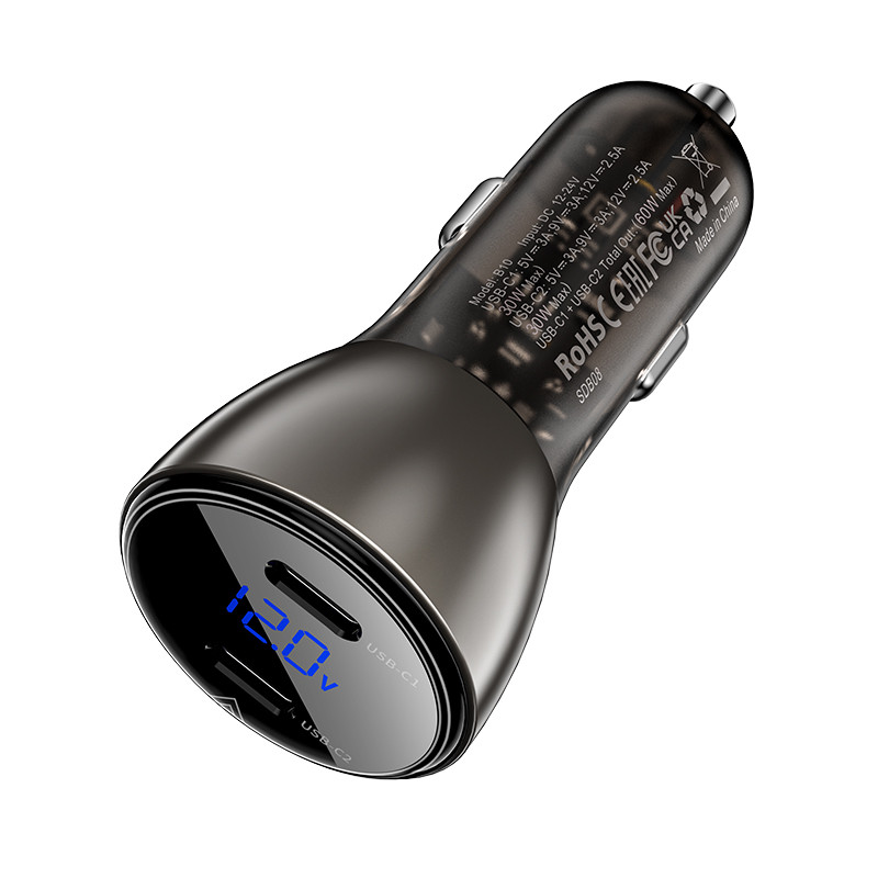 Фото АЗУ Acefast B10 metal car charger 60W (USB-C + USB-C) with digital display (Black) на vchehle.ua