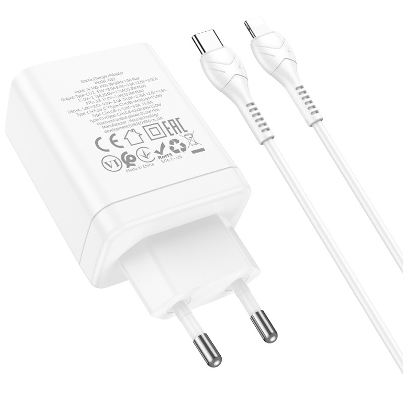 Купить СЗУ Hoco N33 Start PD35W+QC3.0 (1USB-A/2C) + кабель Type-C to Lightning (White) на vchehle.ua