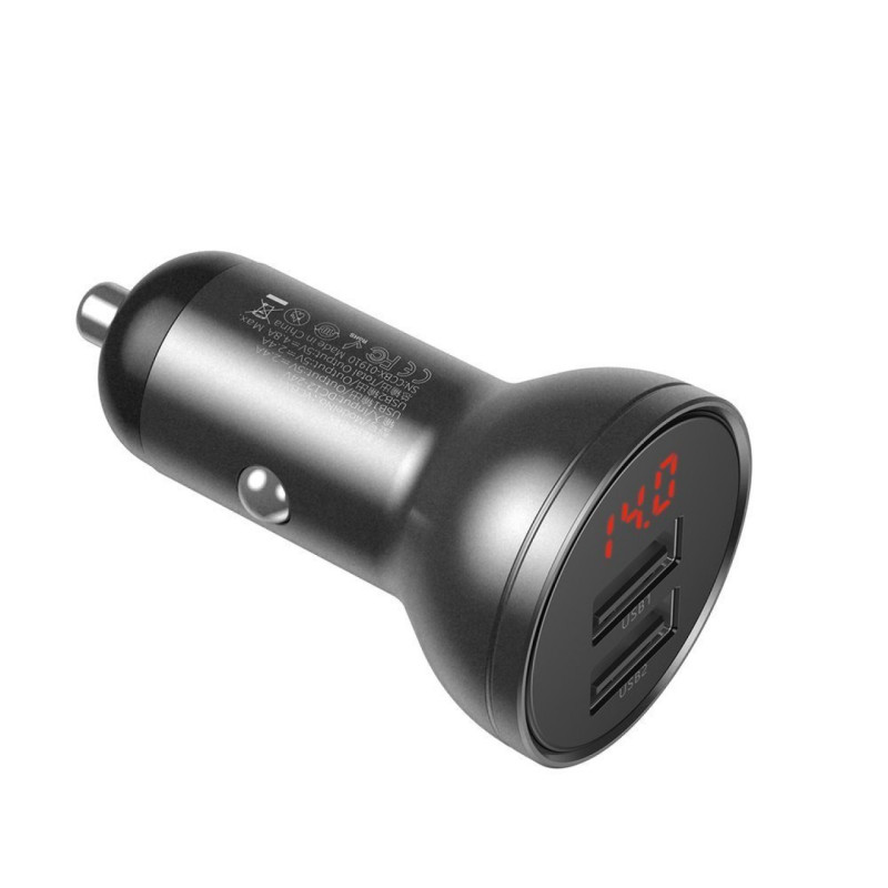 Фото Уценка АЗУ Baseus Digital Display Dual USB 4.8A Car Charger 24W with Three Primary Colors 3-in-1 (Вскрытая упаковка / Серый / Черный) на vchehle.ua