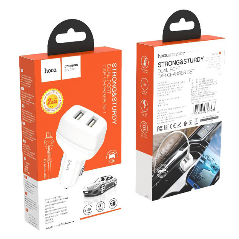 Фото АЗП Hoco Z36 Leader 2.4A (2USB-A) + кабель USB to MicroUSB (Білий) на vchehle.ua