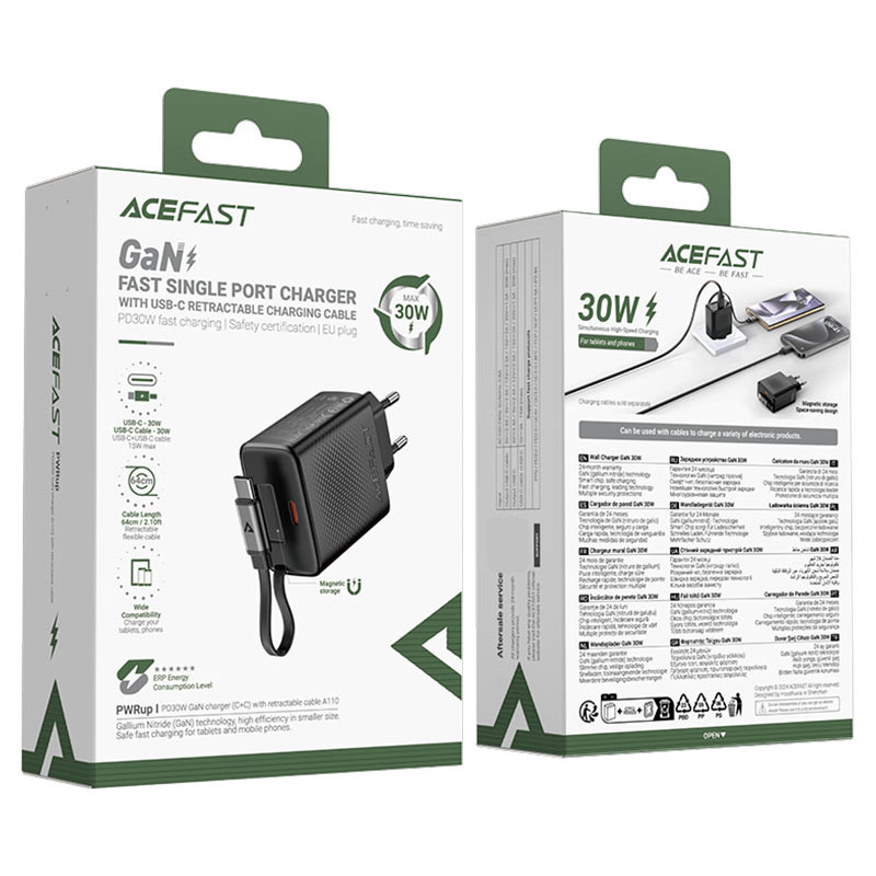 Заказать СЗУ Acefast A110 GaN With Retractable Cable Type-C PD30W (1USB-C) (Black) на vchehle.ua