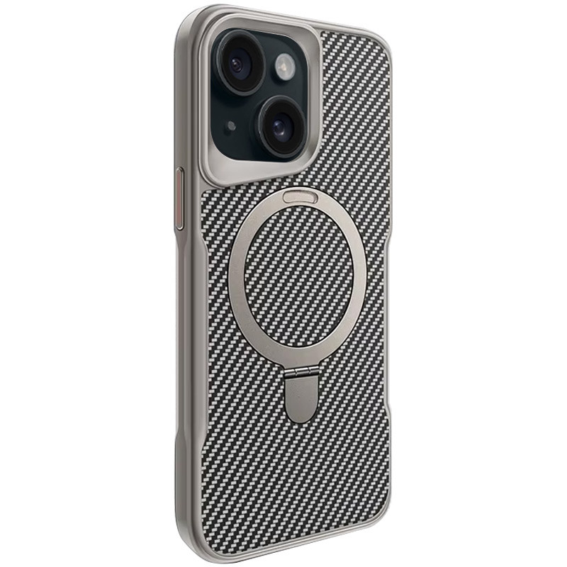 TPU+PC чохол Metal Buttons with Magnetic Safe Carbon Ring на Apple iPhone 15 (6.1") (Сірий)