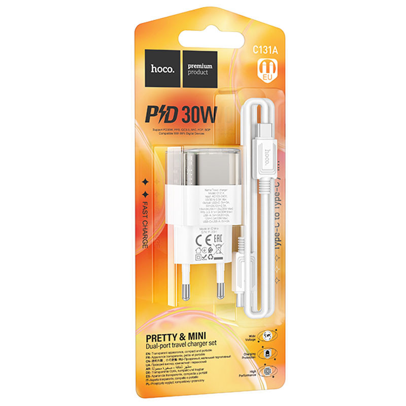 СЗУ Hoco C131A Platium PD30W+QC3.0 (1USB-A/1C) + кабель Type-C to Type-C (Transparent black) в магазине vchehle.ua