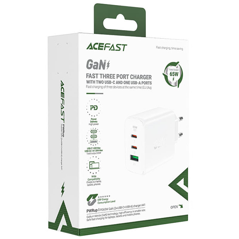 СЗУ Acefast A41 PD65W GaN (2*USB-C+USB-A) (White) в магазине vchehle.ua