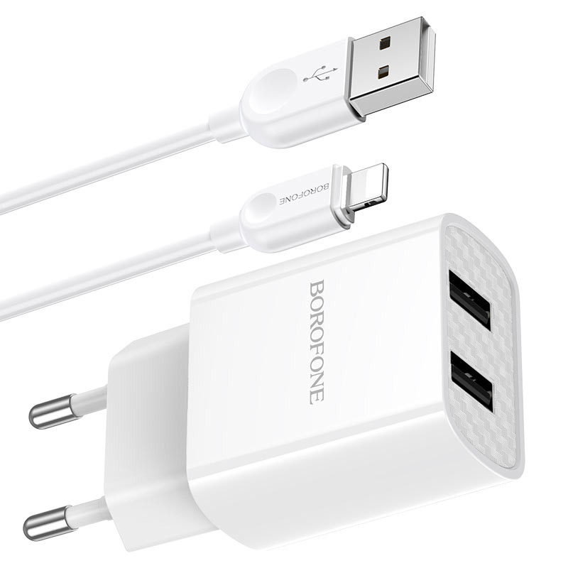 Фото СЗУ Borofone BA53A Powerway (2USB/2.1A) + Lightning (Білий) на vchehle.ua