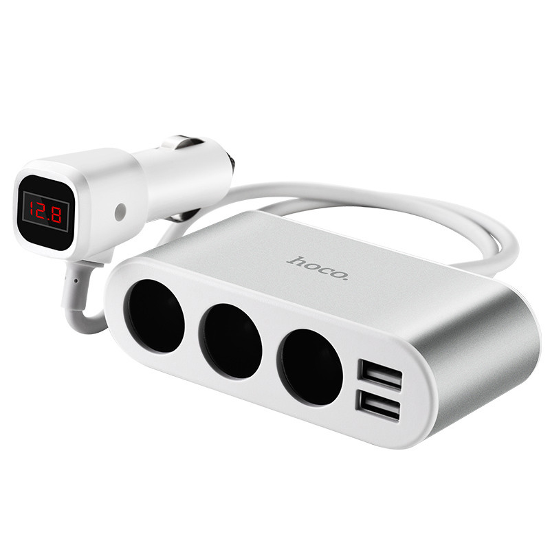 АЗП з перехідником прикурювача Hoco Z13 (3 порту + 2USB / 2.1A + LCD) (Сталевий)