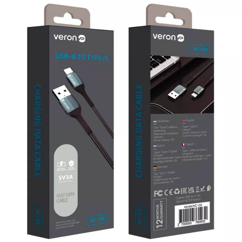 Фото Дата кабель Veron NC09 Nylon USB to Type-C 3A (0.25m) (Black) в магазине vchehle.ua