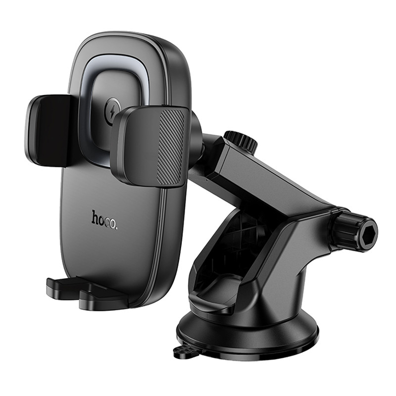 Автодержатель с БЗУ Hoco HW32 Crown push-type (center console) (Black / Metal gray)