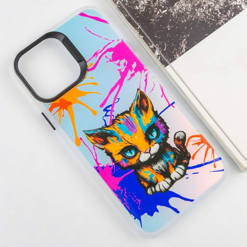 Фото TPU+PC чехол TakiTaki Graffiti magic glow для Apple iPhone 14 Pro Max (6.7") (Dark cat / Pink / Purple) на vchehle.ua