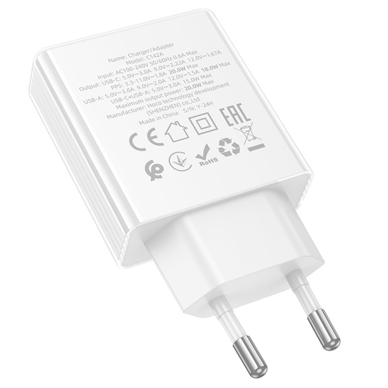СЗУ Hoco C142A Direct PD20W+QC3.0 (1USB-A/1C) (White) в магазине vchehle.ua