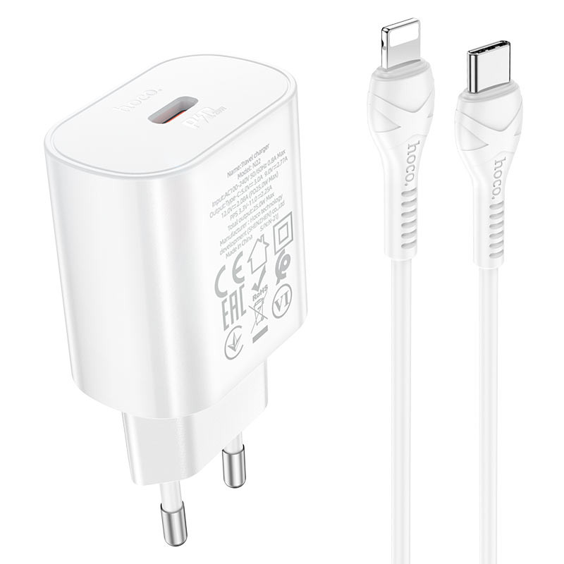 СЗУ Hoco N22 Jetta PD25W (1USB-C) + кабель Type-C to Lightning (Белый)