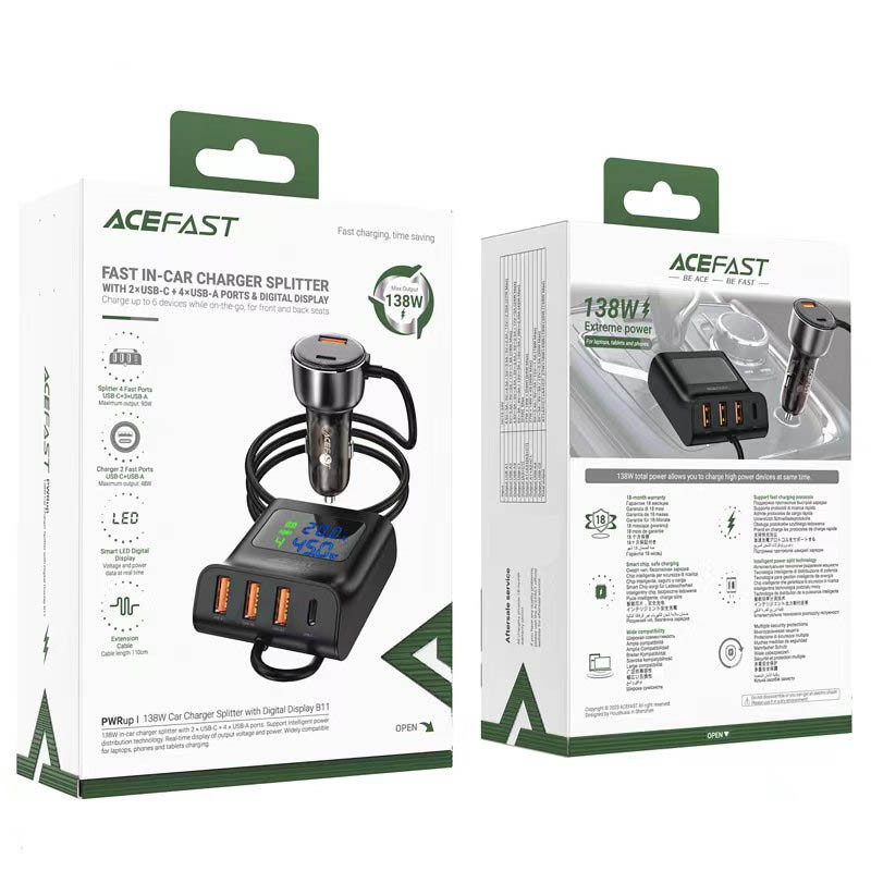 Купить АЗУ Acefast B11 138W Car Charger Splitter with Digital Display (Black) на vchehle.ua