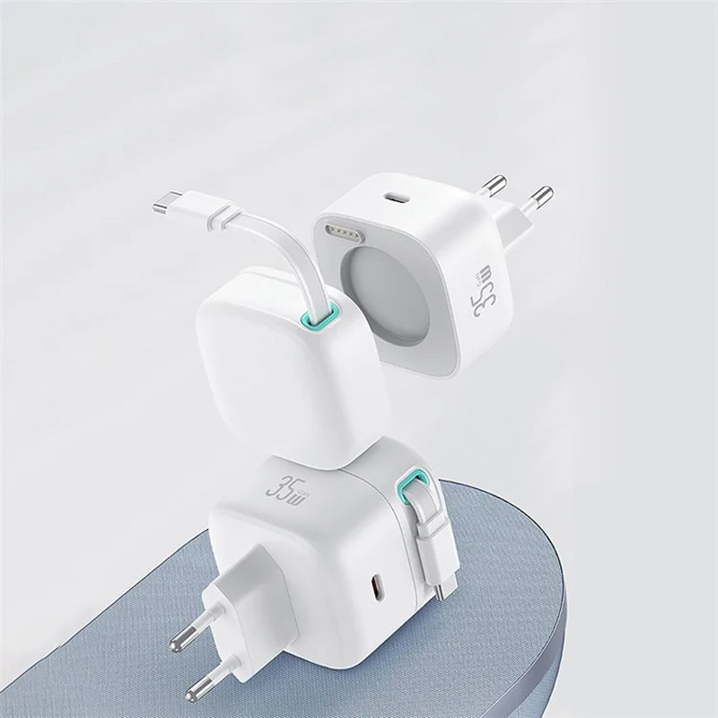 Фото МЗП Usams US-CC202 GaN With Type-C Magnetic Retractable Cable Module XMF Ser. 35W (2USB-C) (White) на vchehle.ua