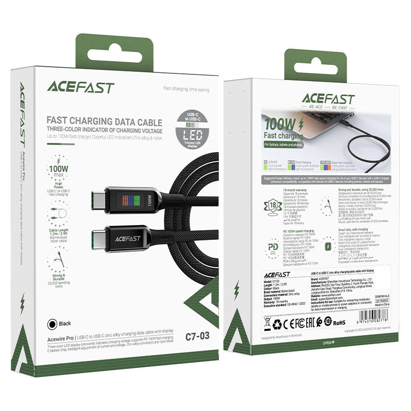 Заказать Дата кабель Acefast C7-03 Type-C to Type-C 100W (1.2m) (Black) на vchehle.ua