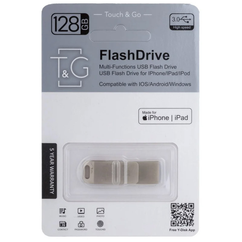 Флеш-драйв T&G 008 Metal series USB 3.0 - Lightning 128GB (Серебряный)