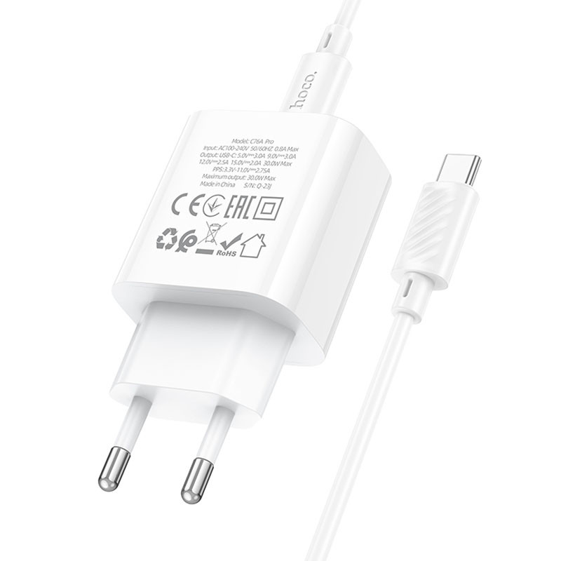 Фото СЗУ Hoco C76A Pro Majestic PD30W (1USB-C) + кабель Type-C to Type-C (White) в магазине vchehle.ua