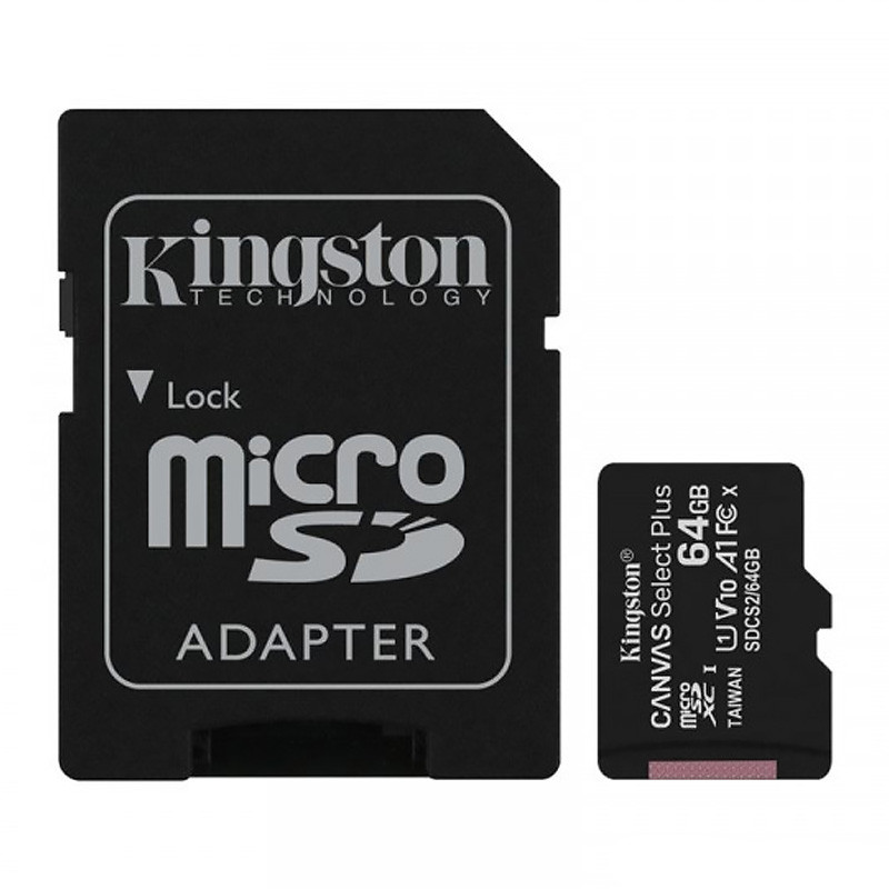 Карта памяти Kingston MicroSDXC 64GB UHS-I Class 10 Canvas Select Plus R100MB/s + SD-адаптер (Черный)