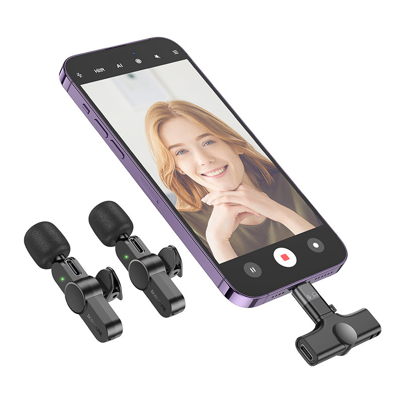 Фото Уцінка Петличний бездротовий мікрофон Borofone BFK12 Trophy lavalier Lightning/Type-C (Розкрита упаковка / Black) на vchehle.ua