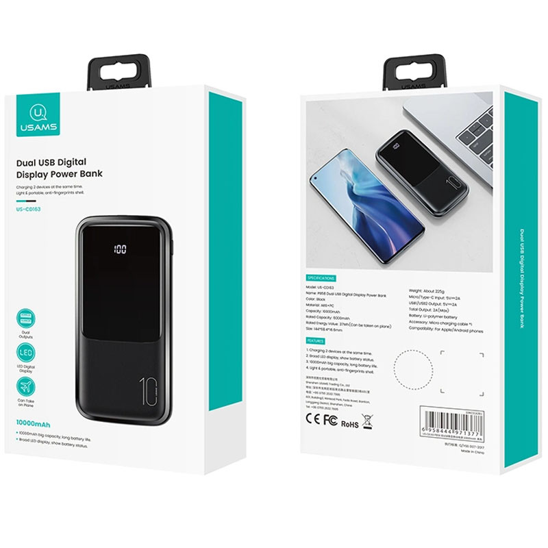 Фото Уцінка Портативний ЗП Usams US-CD163 PB58 Dual USB Digital Display Power Bank 10000 mAh (Розкрита упаковка / Чорний) в маназині vchehle.ua