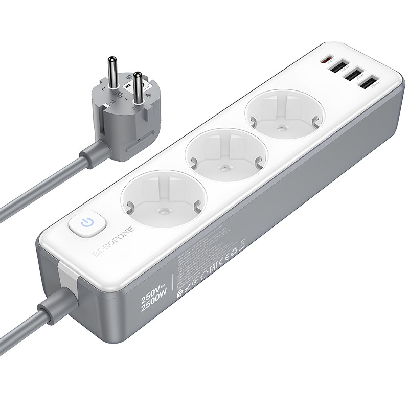 Фото Удлинитель Borofone BAC9 Power PD20W (3USB-A/1C/3xSocket) (2m) (White) в магазине vchehle.ua