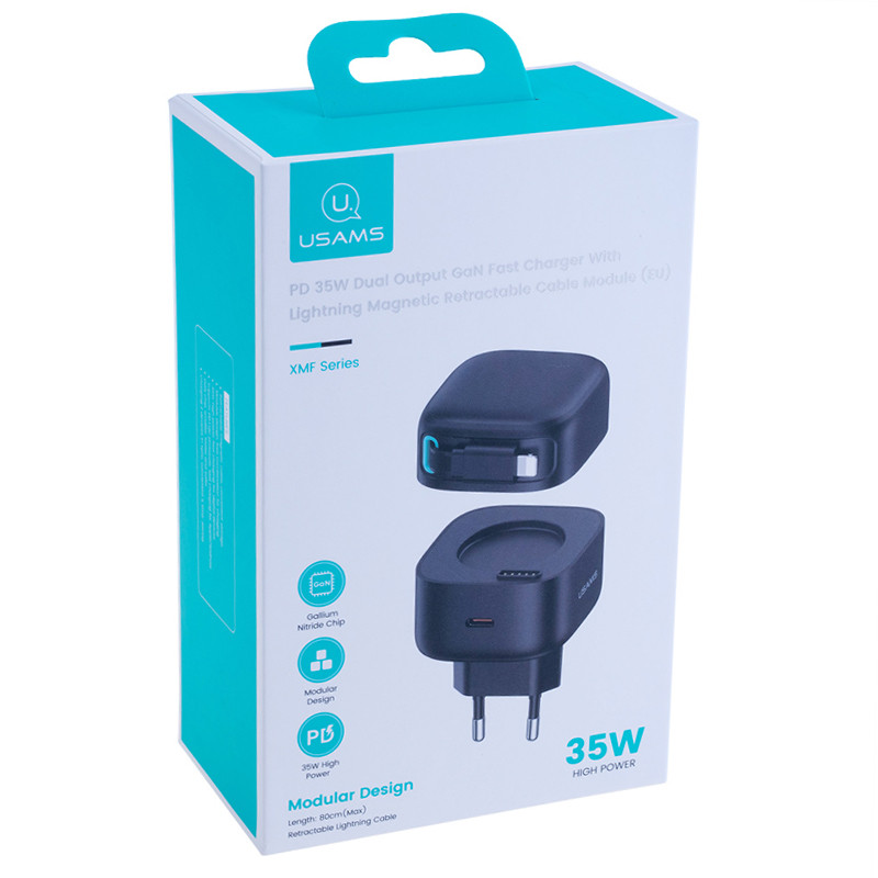 Фото МЗП Usams US-CC209 GaN With Lightning Magnetic Retractable Cable Module XMF Ser. 35W (2USB-C) (Black) на vchehle.ua