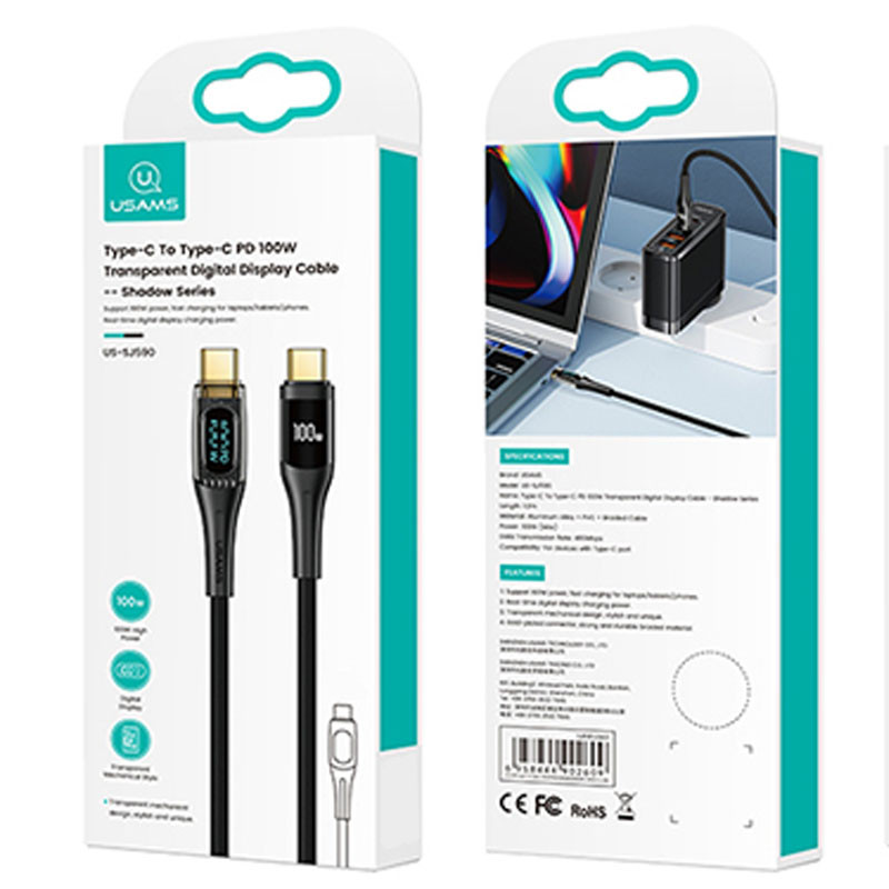 Купити Дата кабель USAMS US-SJ590 Type-C to Type-C PD 100W Transparent Digital Display Cable (1.2m) (Black) на vchehle.ua