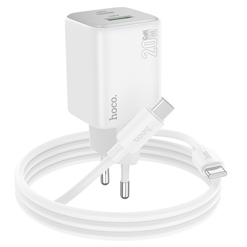 Фото МЗП Hoco N41 Almighty PD20W+QC3.0 (1USB-A/1C) + кабель Type-C to Type-C (White) на vchehle.ua