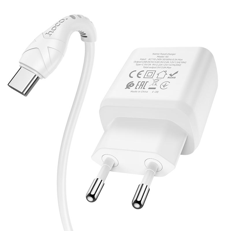 Фото СЗУ Hoco N5 Favor 20W PD+QC3.0 (1USB-A/1C) + кабель Type-C to Type-C (Белый) в магазине vchehle.ua
