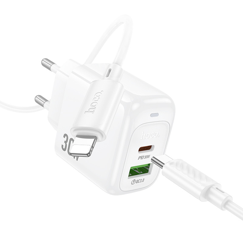 Купить СЗУ Hoco CS55A Surplus PD30W+QC3.0 (1USB-A/1C) + кабель Type-C to Lightning (White) на vchehle.ua