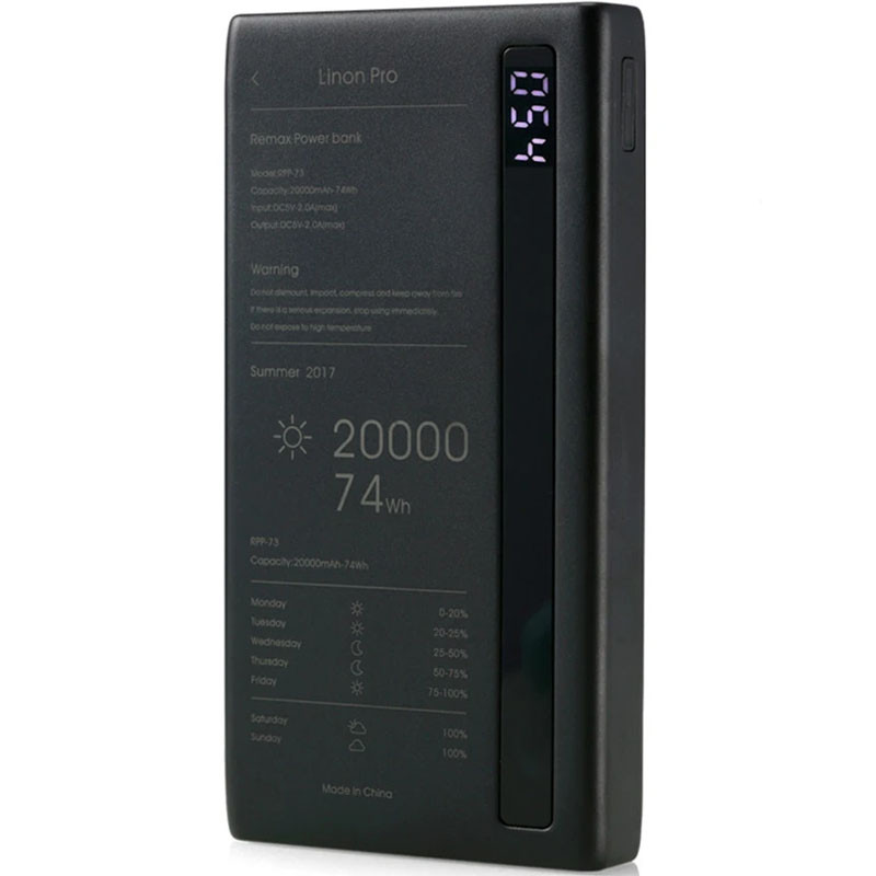 

Портативний зарядний пристрій Power Bank Remax RPP-73 Linon Pro 20000 mAh (Чорний) 1325895