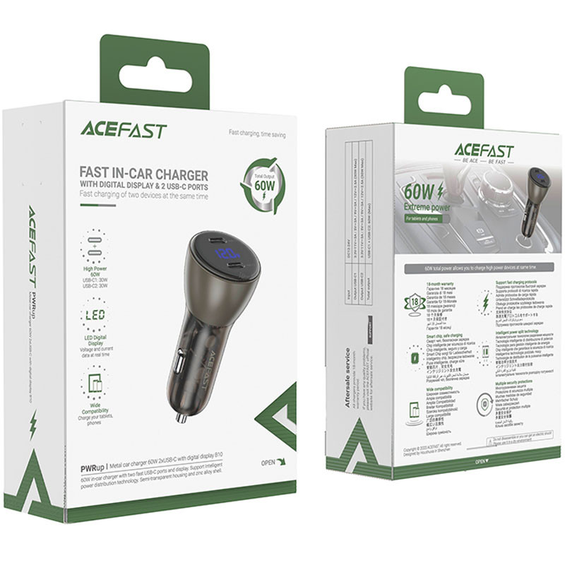 Купить АЗУ Acefast B10 metal car charger 60W (USB-C + USB-C) with digital display (Black) на vchehle.ua