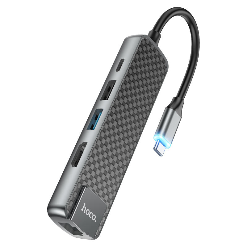 Переходник Hoco HB23 Easy view (Type-C to HDTV+USB3.0+USB2.0+RJ45+PD) (Metal gray)