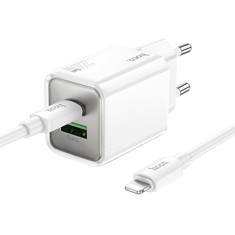 Фото МЗП Hoco N46 Glorious PD20W+QC3.0 (1USB-A/1C) + кабель Type-C to Lightning (White) на vchehle.ua
