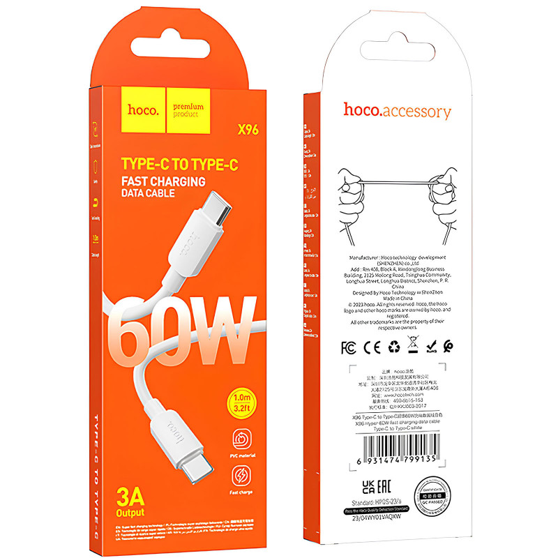 Фото Дата кабель Hoco X96 Hyper Type-C to Type-C 60W (1m) (White) на vchehle.ua